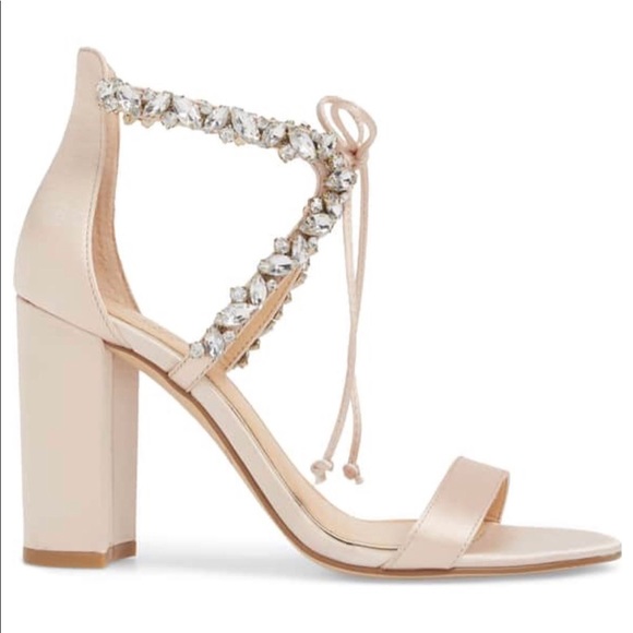 Jewel Badgley Mischka Champagne Satin Block Heels - Picture 3 of 7